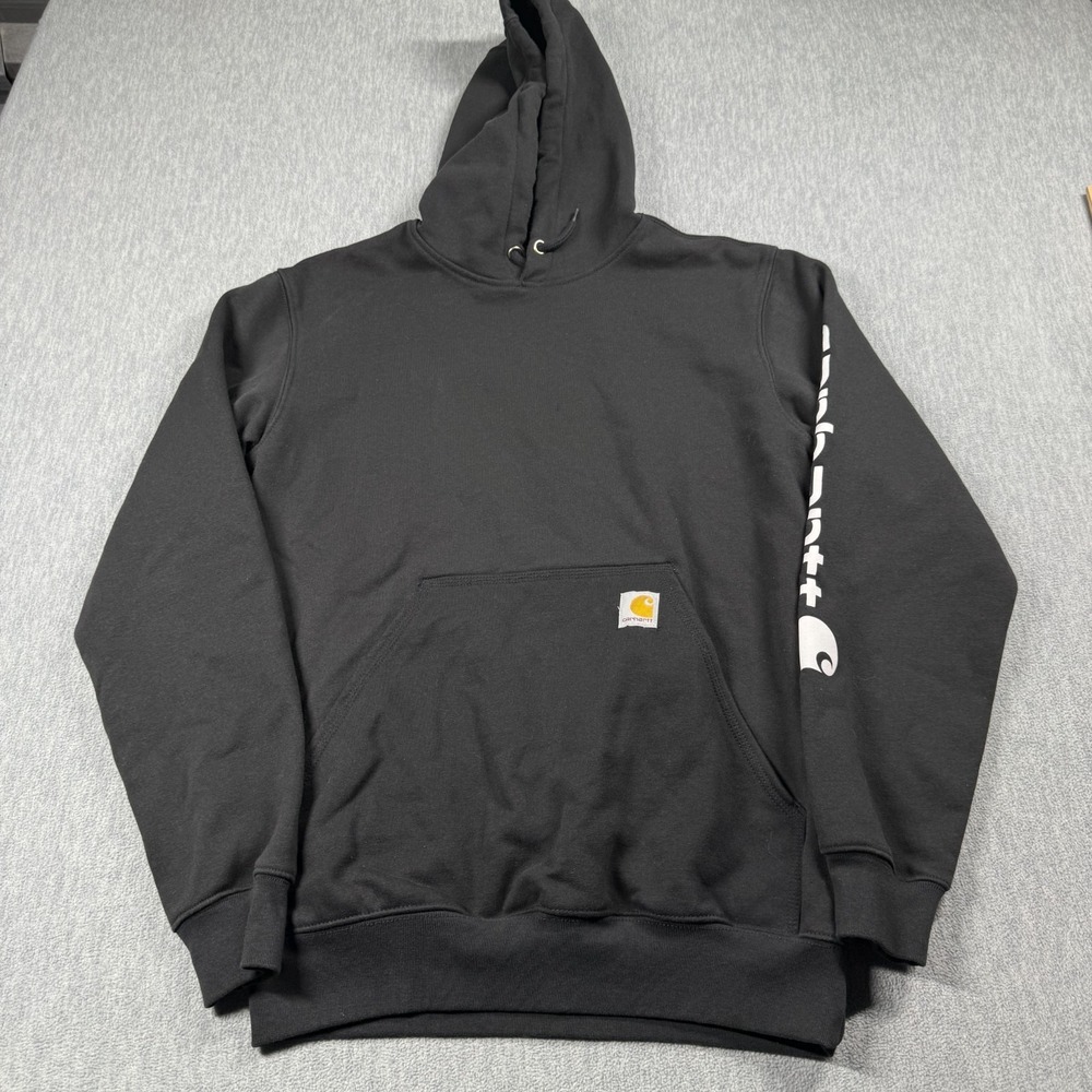 Carhartt Hoodie Mens S Black Loose Fit Sleeve Logo Fleece Pullover Sweatshirt